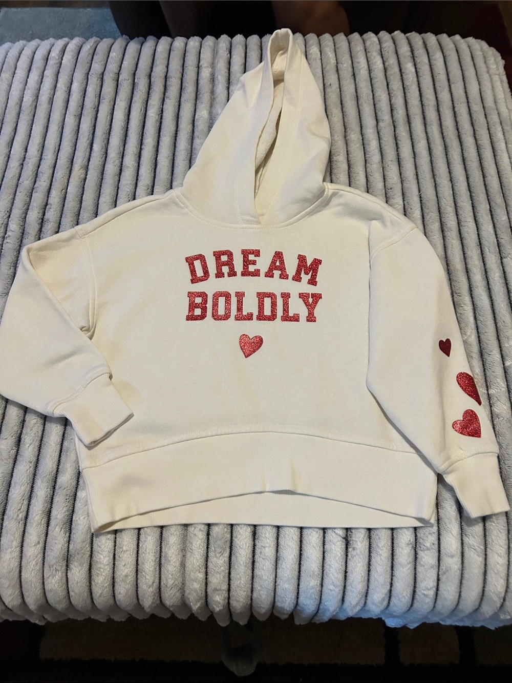 Old Navy Cream Hoodie with Red Glitter 'Dream Boldly'